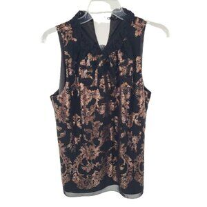 Eli Tahari Women's Sequin Party Blouse top Sleeveless Black Gold Size Medium